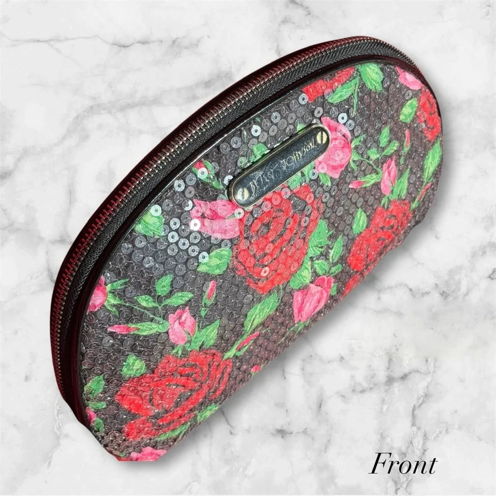 Sequined Betsey Johnson Floral Cosmetic Case BIG Makeup Bag Pouch Clutch leopard